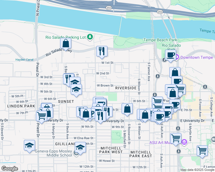 map of restaurants, bars, coffee shops, grocery stores, and more near 817 West Brown Street in Tempe