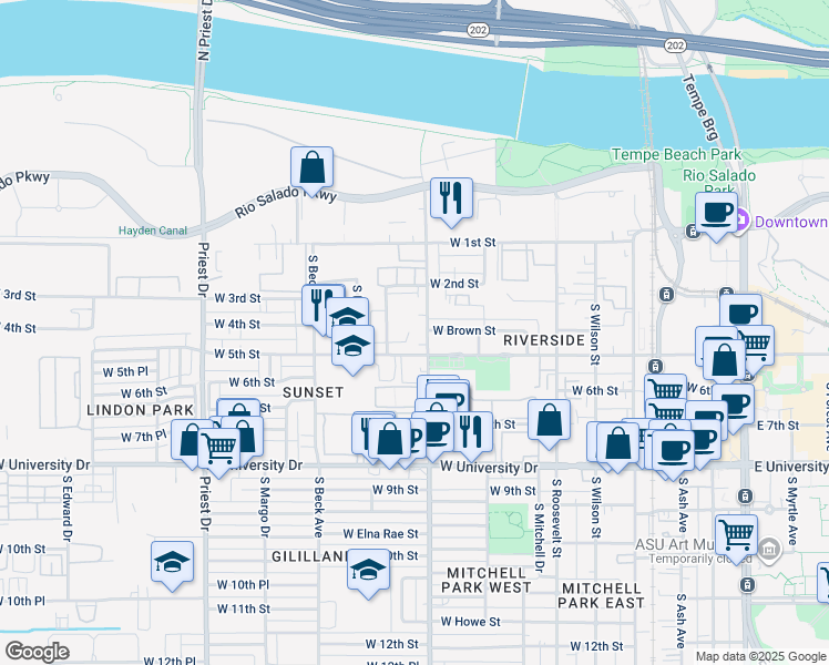 map of restaurants, bars, coffee shops, grocery stores, and more near 1000 West 5th Street in Tempe