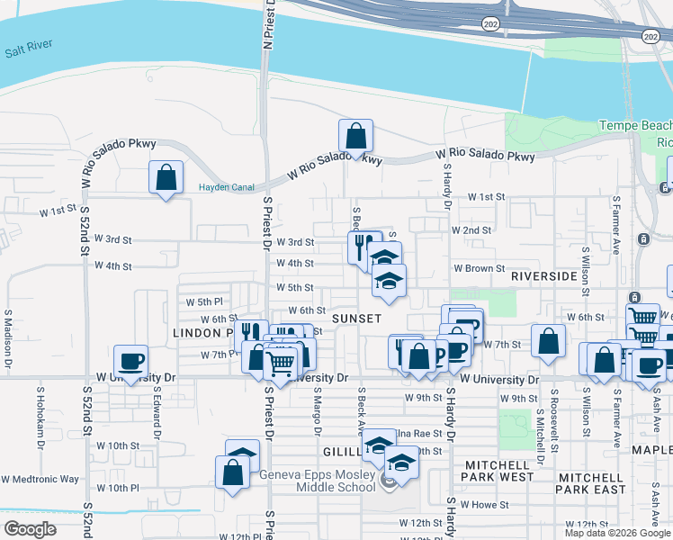 map of restaurants, bars, coffee shops, grocery stores, and more near 410 South Beck Avenue in Tempe