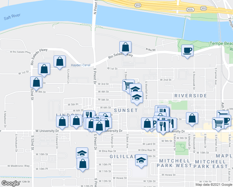 map of restaurants, bars, coffee shops, grocery stores, and more near 1238 West 5th Street in Tempe