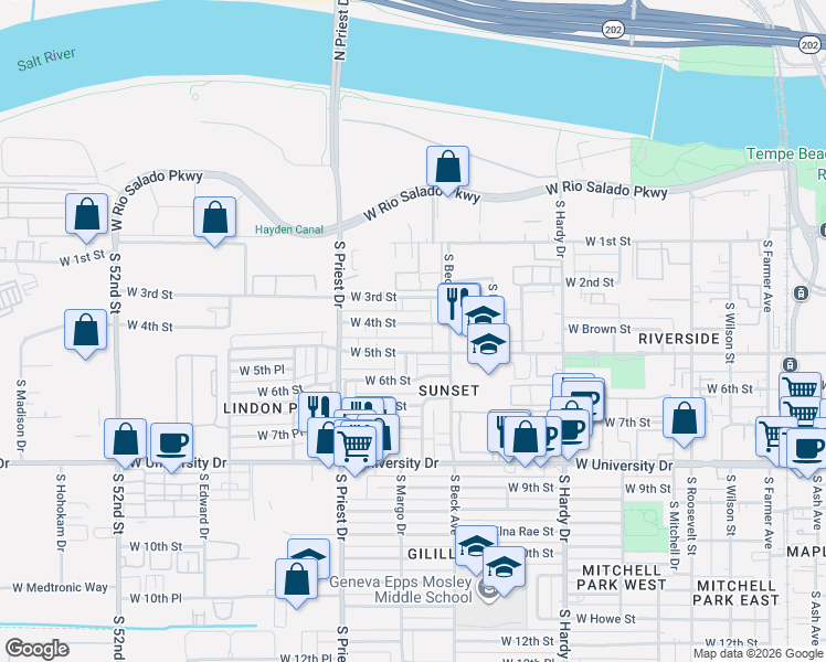 map of restaurants, bars, coffee shops, grocery stores, and more near 1238 West 5th Street in Tempe