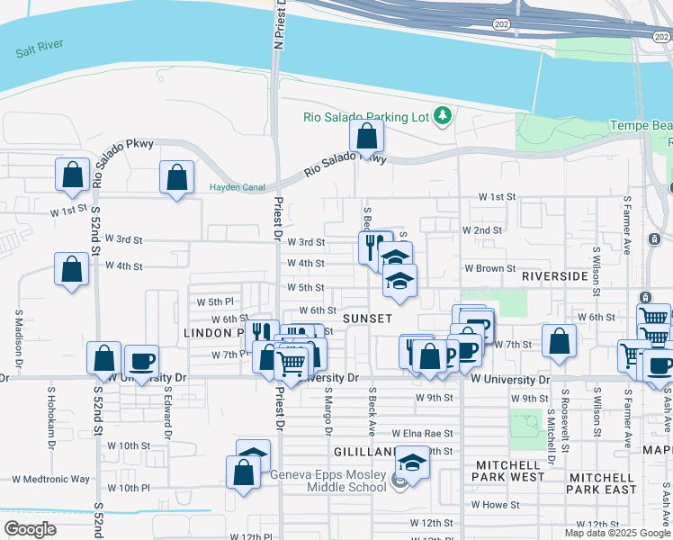 map of restaurants, bars, coffee shops, grocery stores, and more near 1238 West 5th Street in Tempe