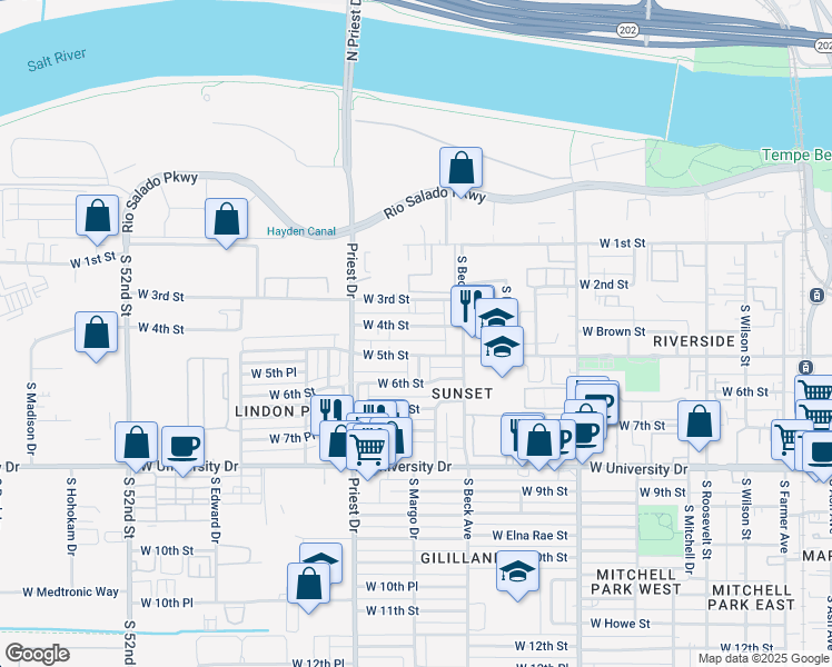 map of restaurants, bars, coffee shops, grocery stores, and more near 1238 West 5th Street in Tempe