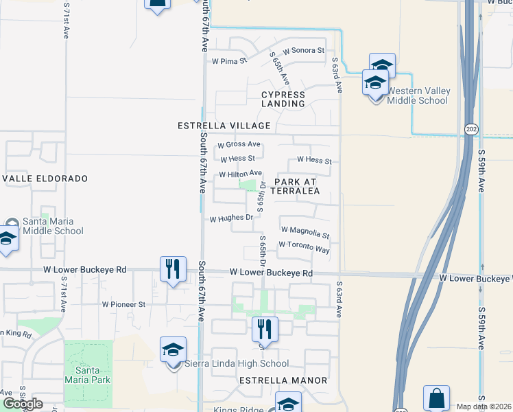 map of restaurants, bars, coffee shops, grocery stores, and more near 2417 South 65th Drive in Phoenix