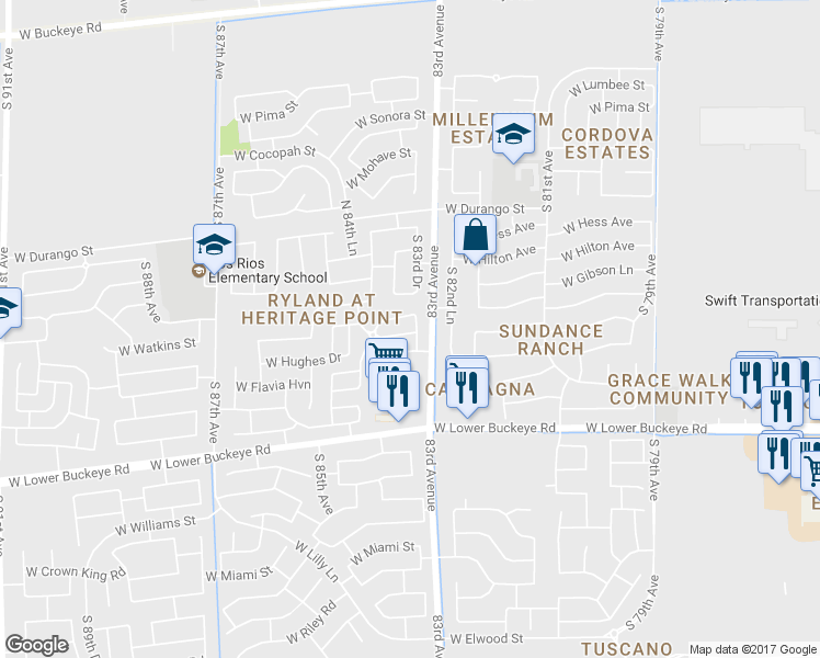 map of restaurants, bars, coffee shops, grocery stores, and more near 2414 South 83rd Drive in Tolleson
