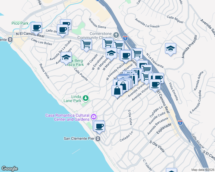 map of restaurants, bars, coffee shops, grocery stores, and more near 236 Avenida Serra in San Clemente