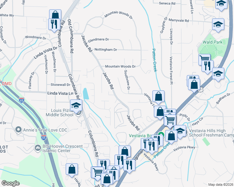 map of restaurants, bars, coffee shops, grocery stores, and more near 2734 Vestavia Forest Drive in Vestavia Hills