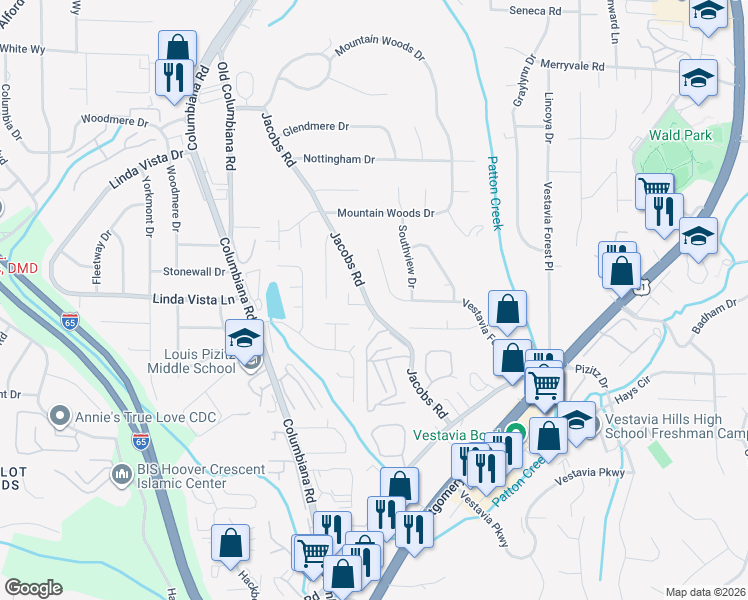 map of restaurants, bars, coffee shops, grocery stores, and more near 2734 Vestavia Forest Drive in Vestavia Hills