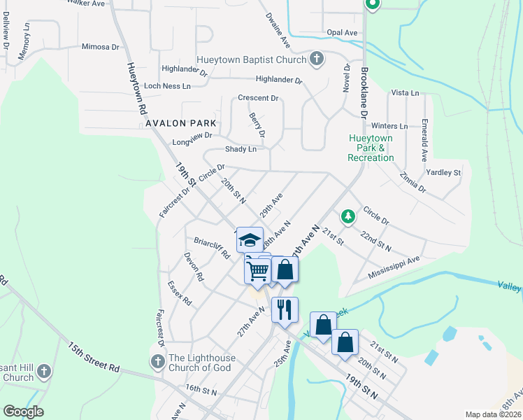 map of restaurants, bars, coffee shops, grocery stores, and more near 2011 29th Avenue in Hueytown