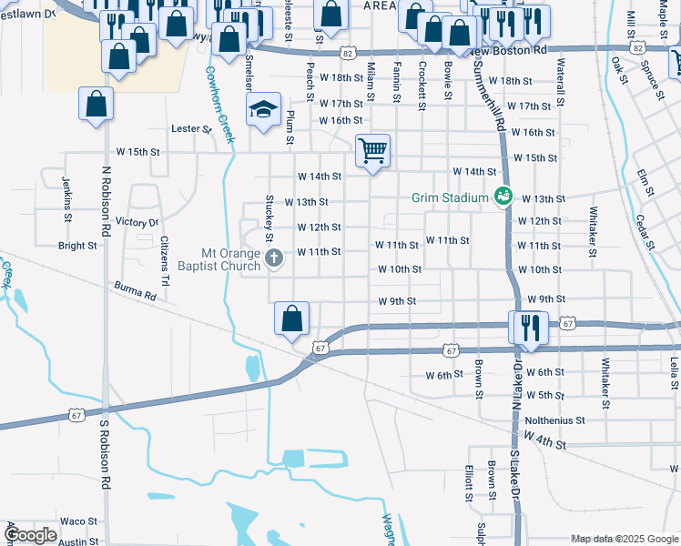 map of restaurants, bars, coffee shops, grocery stores, and more near 2302 West 10th Street in Texarkana