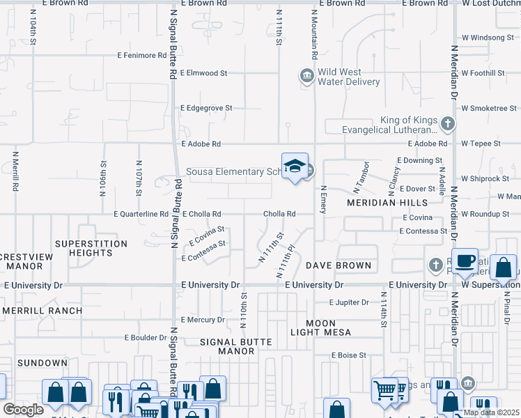 map of restaurants, bars, coffee shops, grocery stores, and more near 11034 East Cholla Road in Mesa