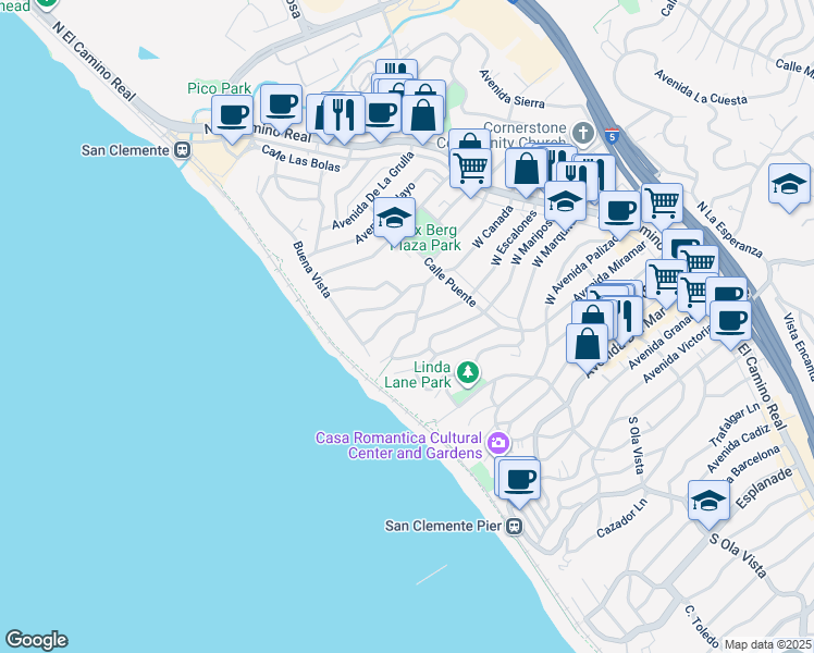 map of restaurants, bars, coffee shops, grocery stores, and more near 234 West Escalones in San Clemente