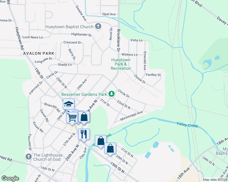 map of restaurants, bars, coffee shops, grocery stores, and more near 2206 26th Avenue in Hueytown