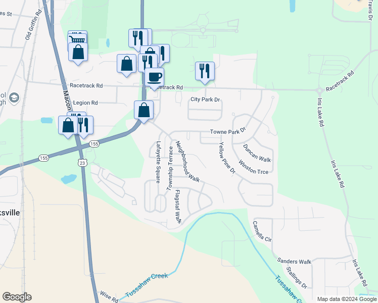 map of restaurants, bars, coffee shops, grocery stores, and more near 1775 Courtyard Lane in McDonough