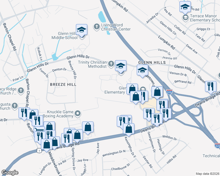 map of restaurants, bars, coffee shops, grocery stores, and more near 2840 Glenn Hills Drive in Augusta