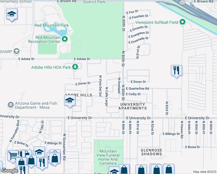 map of restaurants, bars, coffee shops, grocery stores, and more near 604 North Calle Largo in Mesa