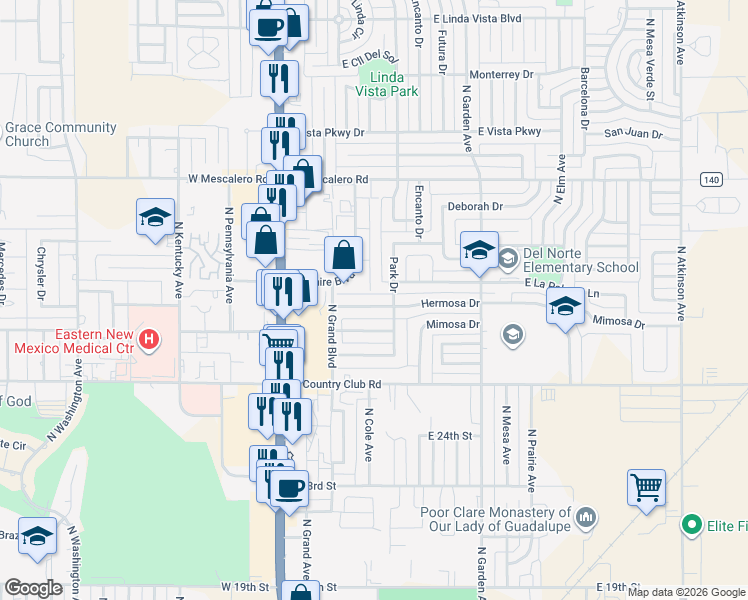 map of restaurants, bars, coffee shops, grocery stores, and more near 403 Hermosa Drive in Roswell