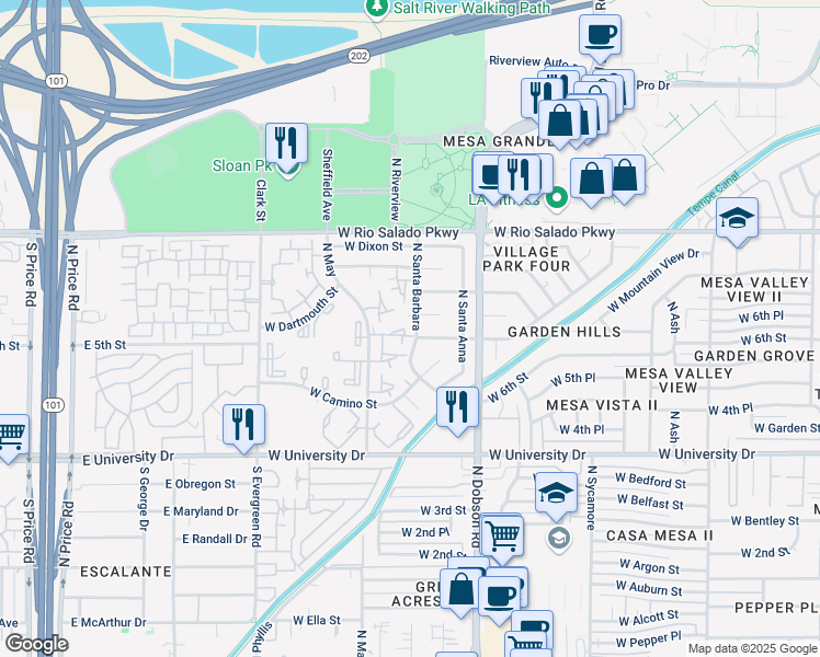 map of restaurants, bars, coffee shops, grocery stores, and more near 19 North Santa Barbara in Mesa