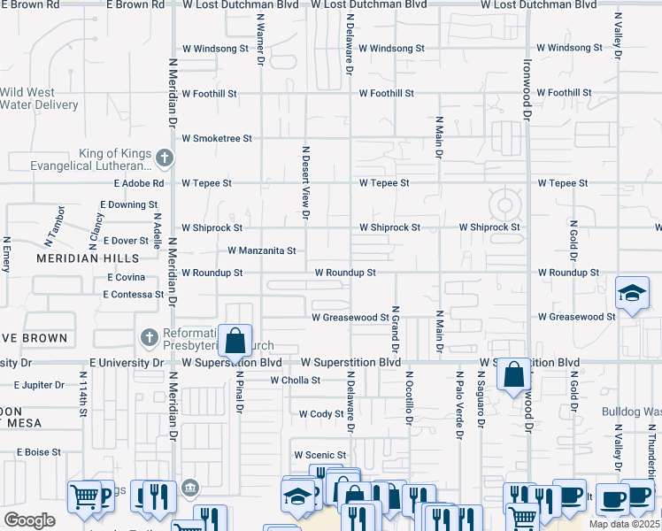 map of restaurants, bars, coffee shops, grocery stores, and more near 2490 West Roundup Street in Apache Junction