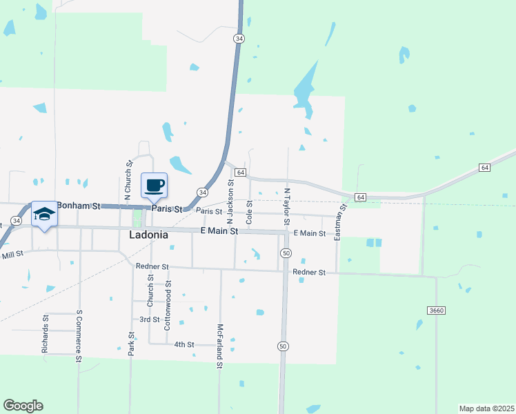 map of restaurants, bars, coffee shops, grocery stores, and more near 501 Paris Street in Ladonia