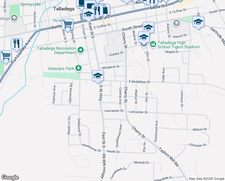 map of restaurants, bars, coffee shops, grocery stores, and more near 713 Central Avenue in Talladega