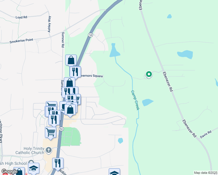 map of restaurants, bars, coffee shops, grocery stores, and more near 210 Regester Way in Peachtree City