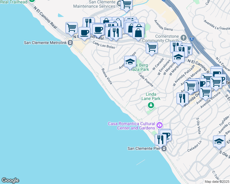 map of restaurants, bars, coffee shops, grocery stores, and more near 915 Buena Vista in San Clemente