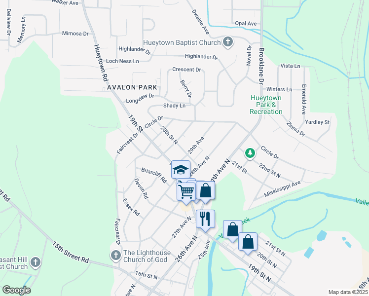 map of restaurants, bars, coffee shops, grocery stores, and more near 2917 20th Street North in Hueytown