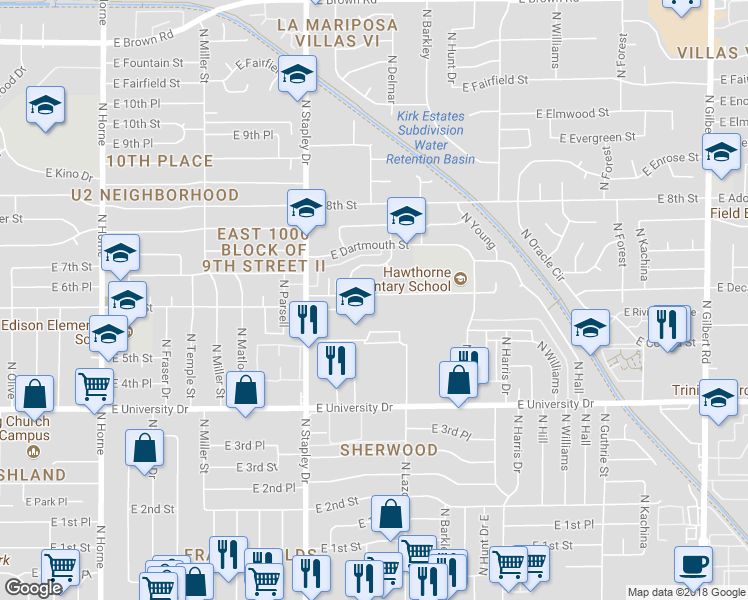 map of restaurants, bars, coffee shops, grocery stores, and more near 1323 East Dover Street in Mesa