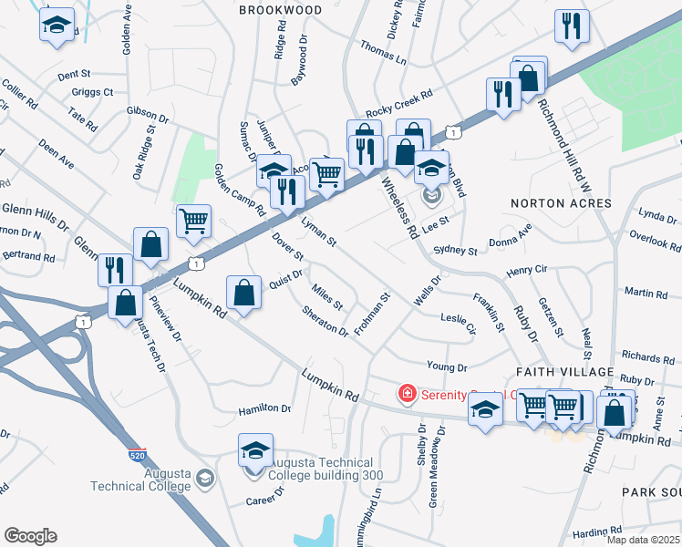 map of restaurants, bars, coffee shops, grocery stores, and more near 2537 Dover Street in Augusta