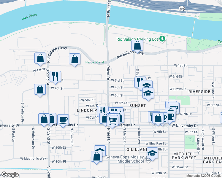 map of restaurants, bars, coffee shops, grocery stores, and more near 1320 West 5th Street in Tempe