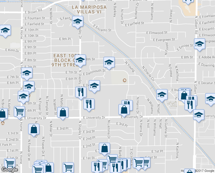 map of restaurants, bars, coffee shops, grocery stores, and more near 1359 East Dover Street in Mesa