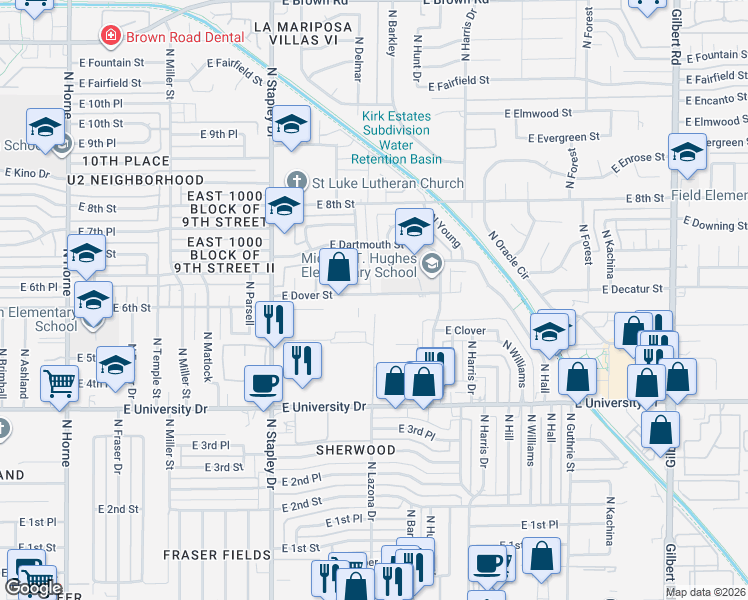 map of restaurants, bars, coffee shops, grocery stores, and more near 1359 East Dover Street in Mesa