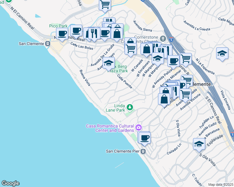 map of restaurants, bars, coffee shops, grocery stores, and more near in San Clemente