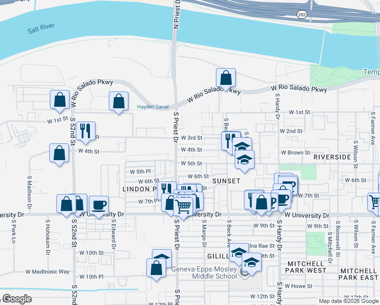map of restaurants, bars, coffee shops, grocery stores, and more near 1320 West 5th Street in Tempe