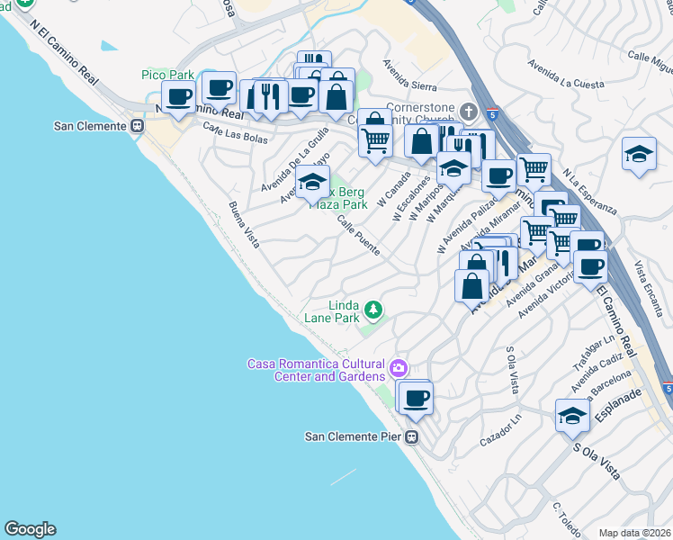 map of restaurants, bars, coffee shops, grocery stores, and more near 227 West Escalones in San Clemente
