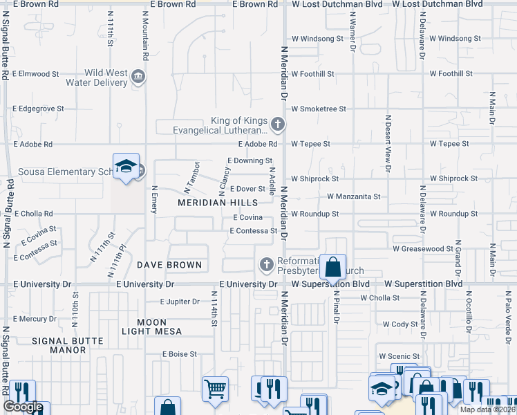 map of restaurants, bars, coffee shops, grocery stores, and more near 11542 East Covina in Mesa