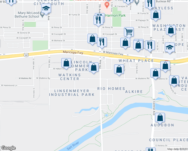 map of restaurants, bars, coffee shops, grocery stores, and more near 2140 South 7th Avenue in Phoenix