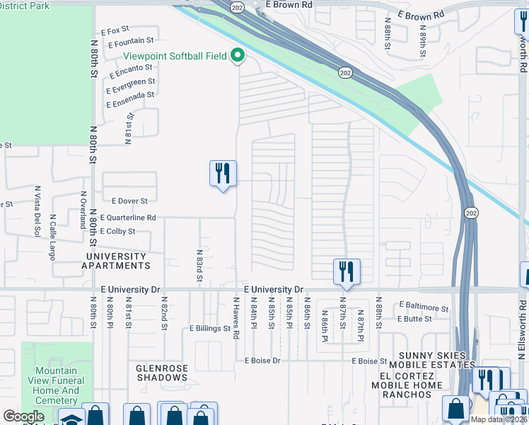 map of restaurants, bars, coffee shops, grocery stores, and more near Ln 3900 in Mesa