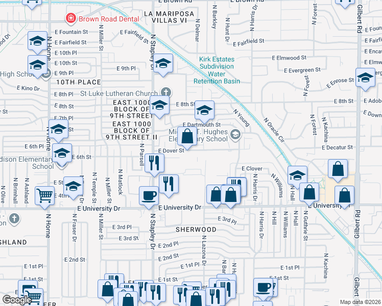 map of restaurants, bars, coffee shops, grocery stores, and more near 1323 East Dover Street in Mesa