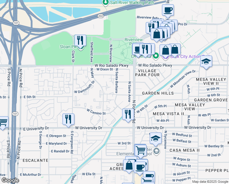 map of restaurants, bars, coffee shops, grocery stores, and more near 19 North Santa Barbara in Mesa