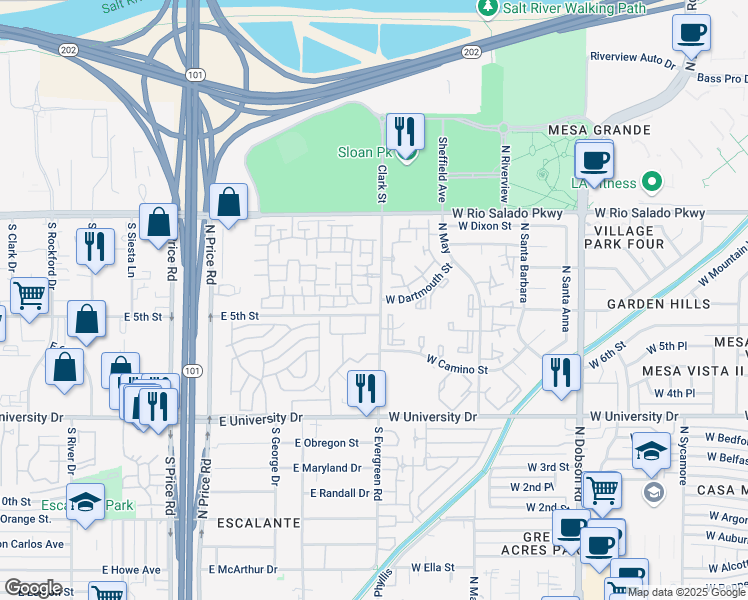 map of restaurants, bars, coffee shops, grocery stores, and more near 280 South Evergreen Road in Tempe