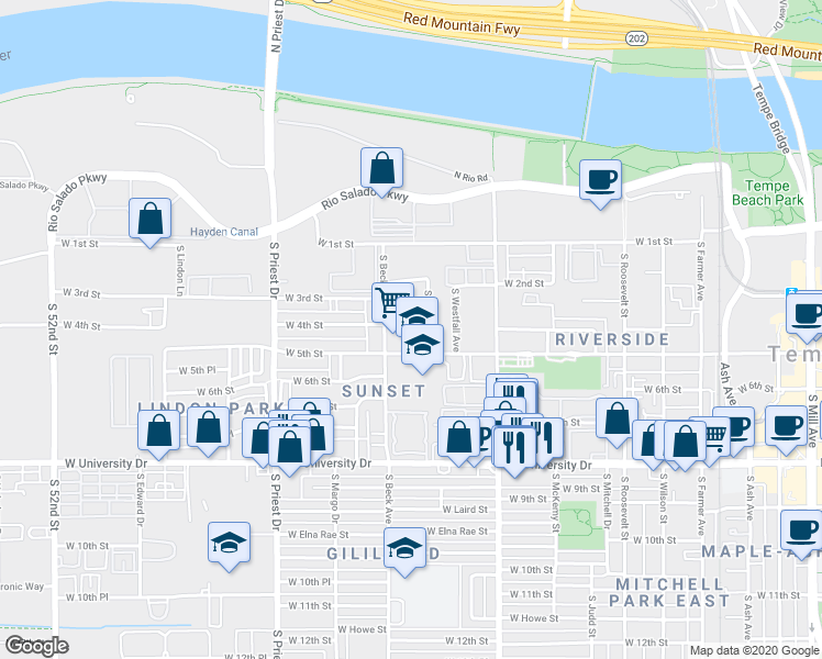 map of restaurants, bars, coffee shops, grocery stores, and more near 425 South Terry Lane in Tempe