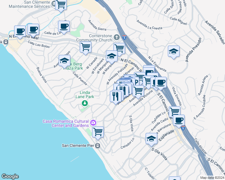 map of restaurants, bars, coffee shops, grocery stores, and more near 236 Avenida Serra in San Clemente
