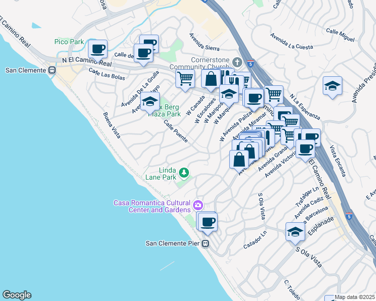 map of restaurants, bars, coffee shops, grocery stores, and more near in San Clemente