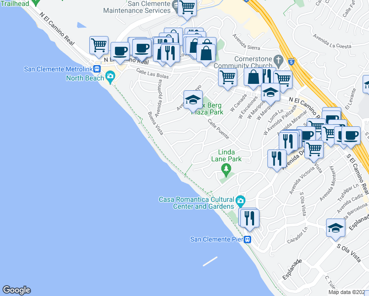 map of restaurants, bars, coffee shops, grocery stores, and more near 250 West Canada in San Clemente