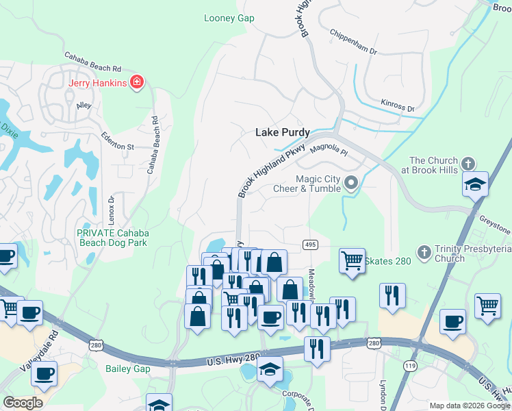 map of restaurants, bars, coffee shops, grocery stores, and more near 286 Highland View Drive in Birmingham