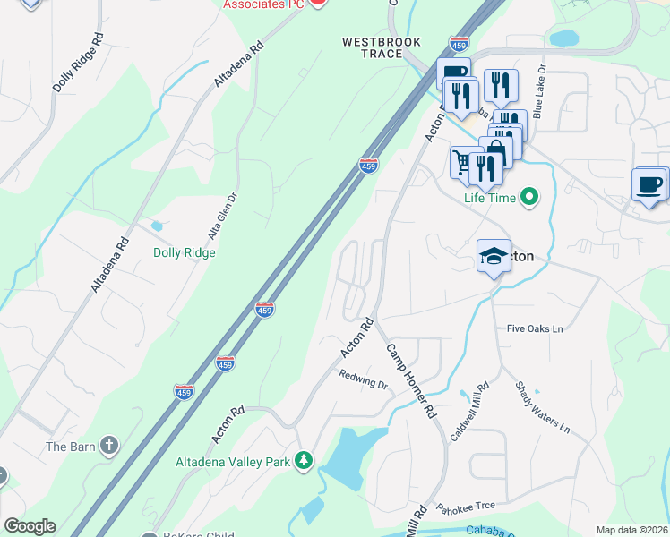 map of restaurants, bars, coffee shops, grocery stores, and more near 2386 Acton Park Circle in Birmingham