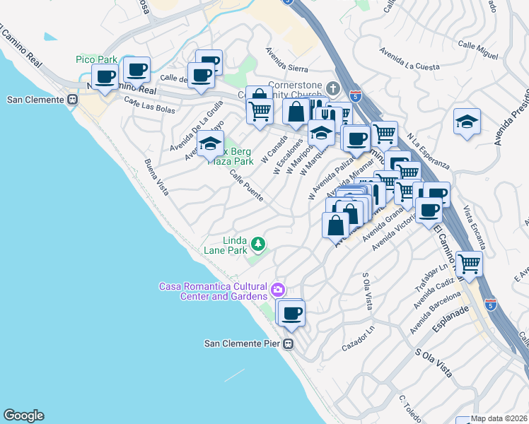 map of restaurants, bars, coffee shops, grocery stores, and more near 207 West Mariposa in San Clemente