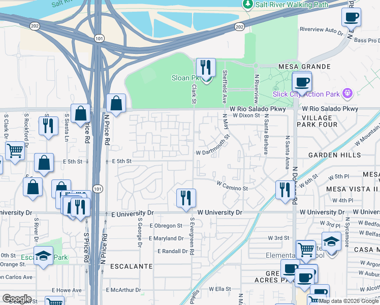 map of restaurants, bars, coffee shops, grocery stores, and more near 280 South Evergreen Road in Tempe